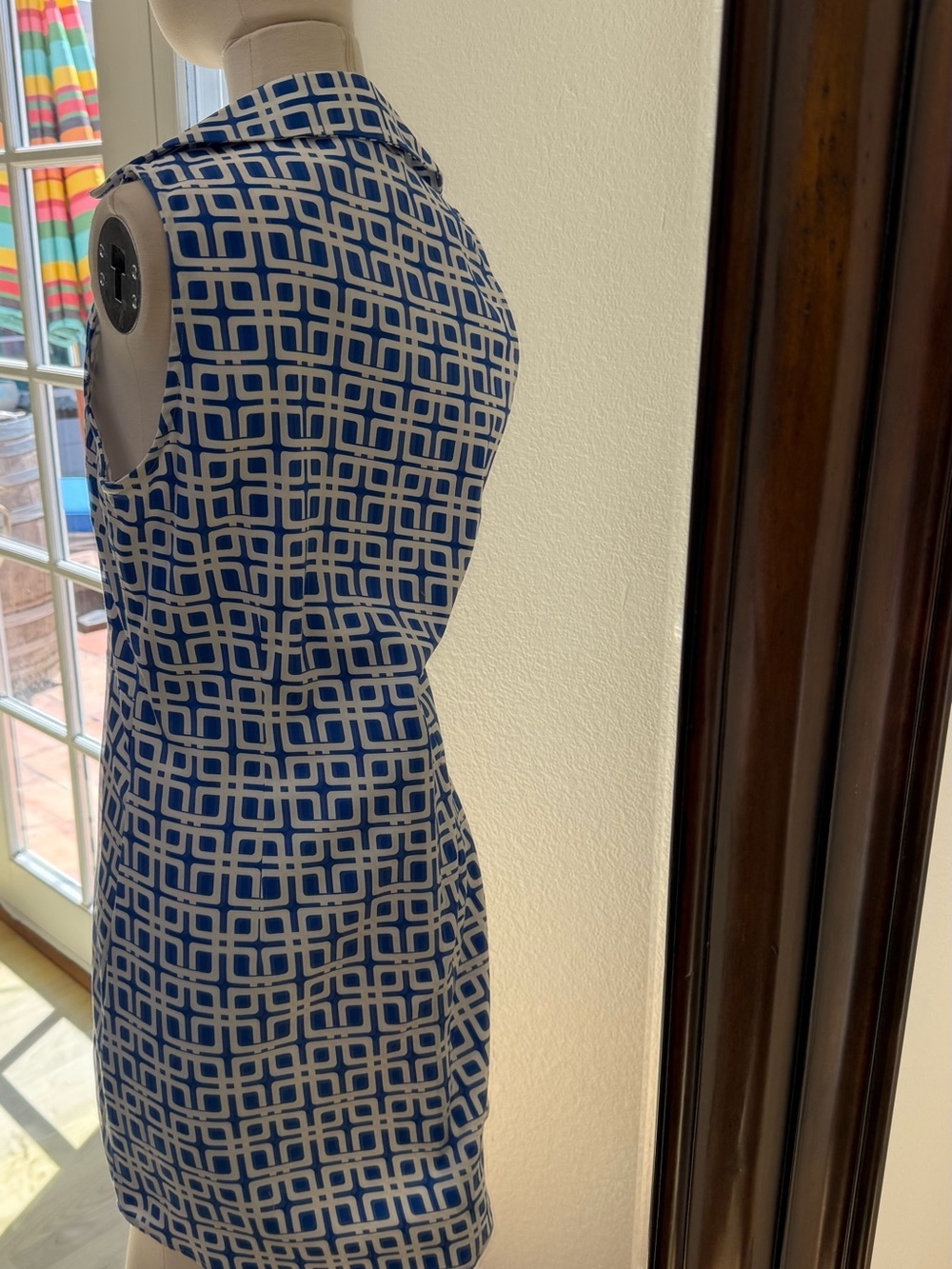 Sleeveless Blue & White Geometric Shift Dress - Picture 2 of 3